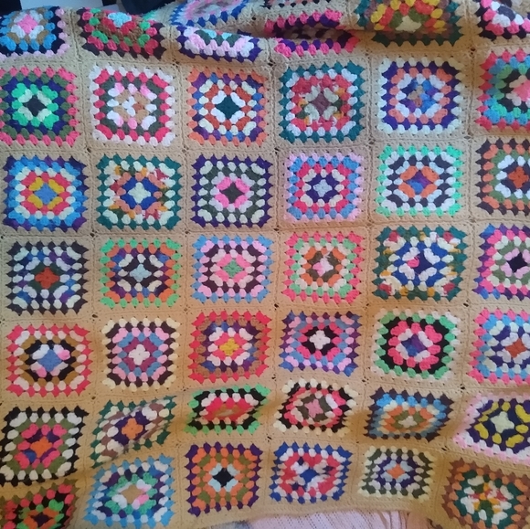 Vintage Handmade Crochet Granny Square Blanket Rainbow Colorful Art - Picture 1 of 6